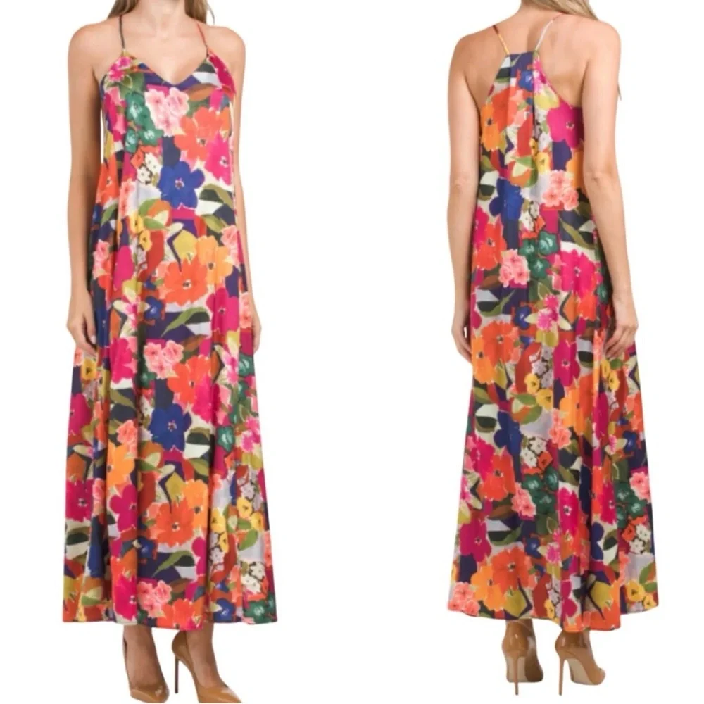 Nicole Miller Abstract Floral Print Slip on Satin Maxi Dress - Size S - Picture 1 of 12